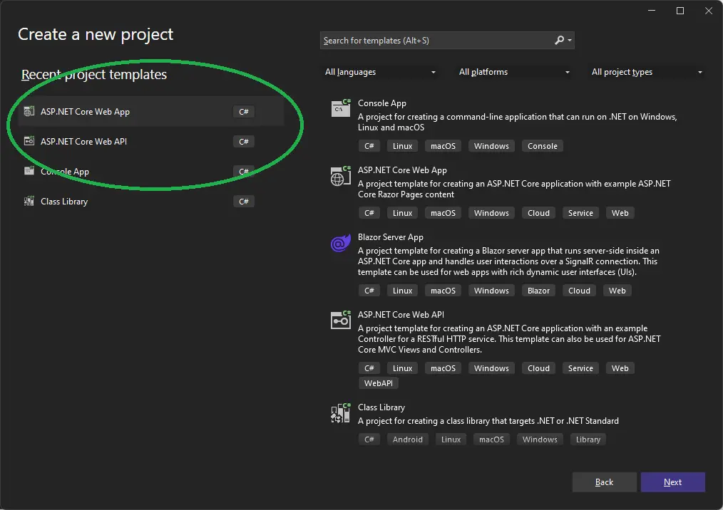 Setup Visual Studio for ASP.NET Core - Project Type ASP NET netcore Project